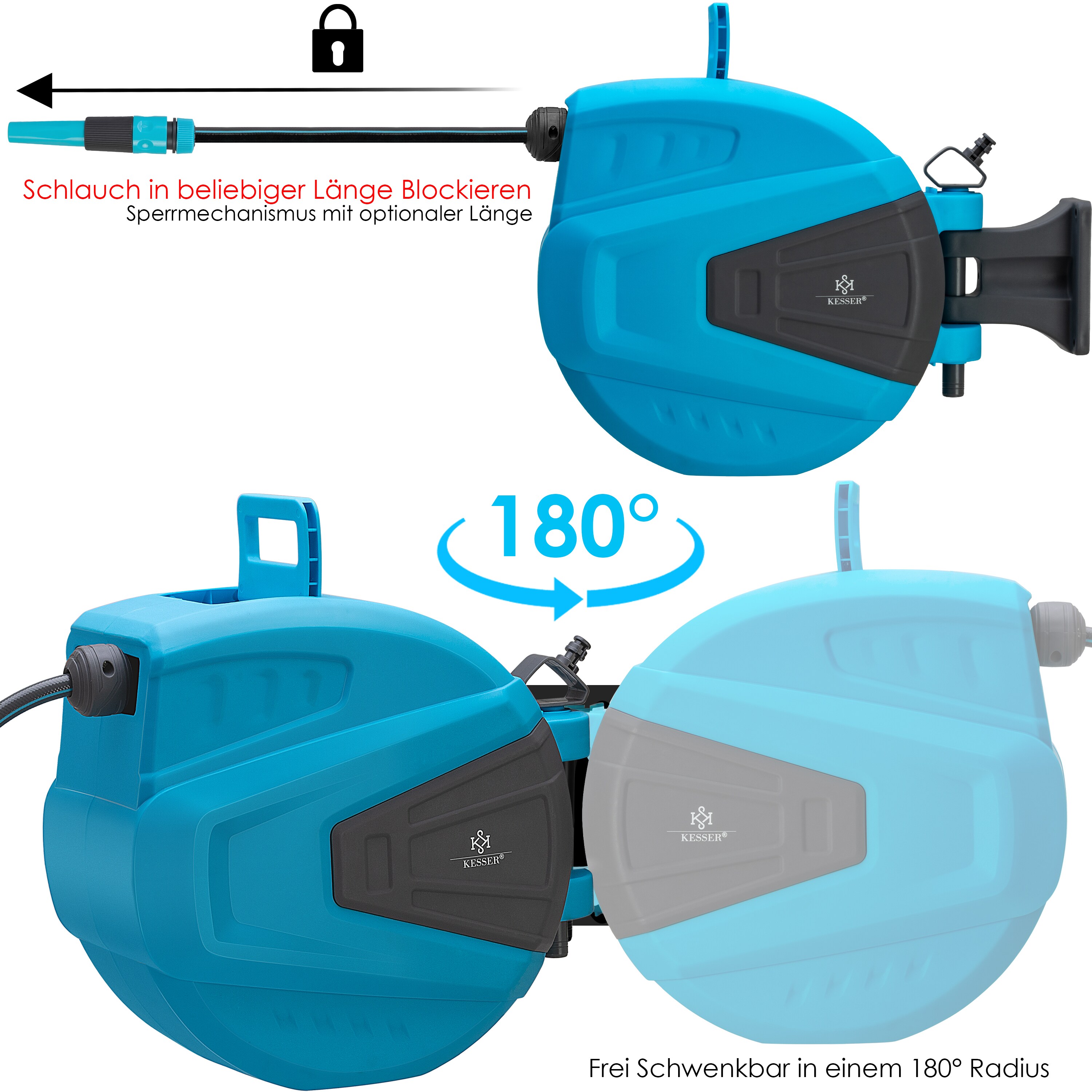 KESSER® Schlauchtrommel Wasser Schlauchaufroller Inkl. 2-Wege-Verteiler + Multi-Handbrause Wasserschlauchtrommel Automatik | 180° Schwenkbar | Wandhalterung | Gartenschlauch | Orange