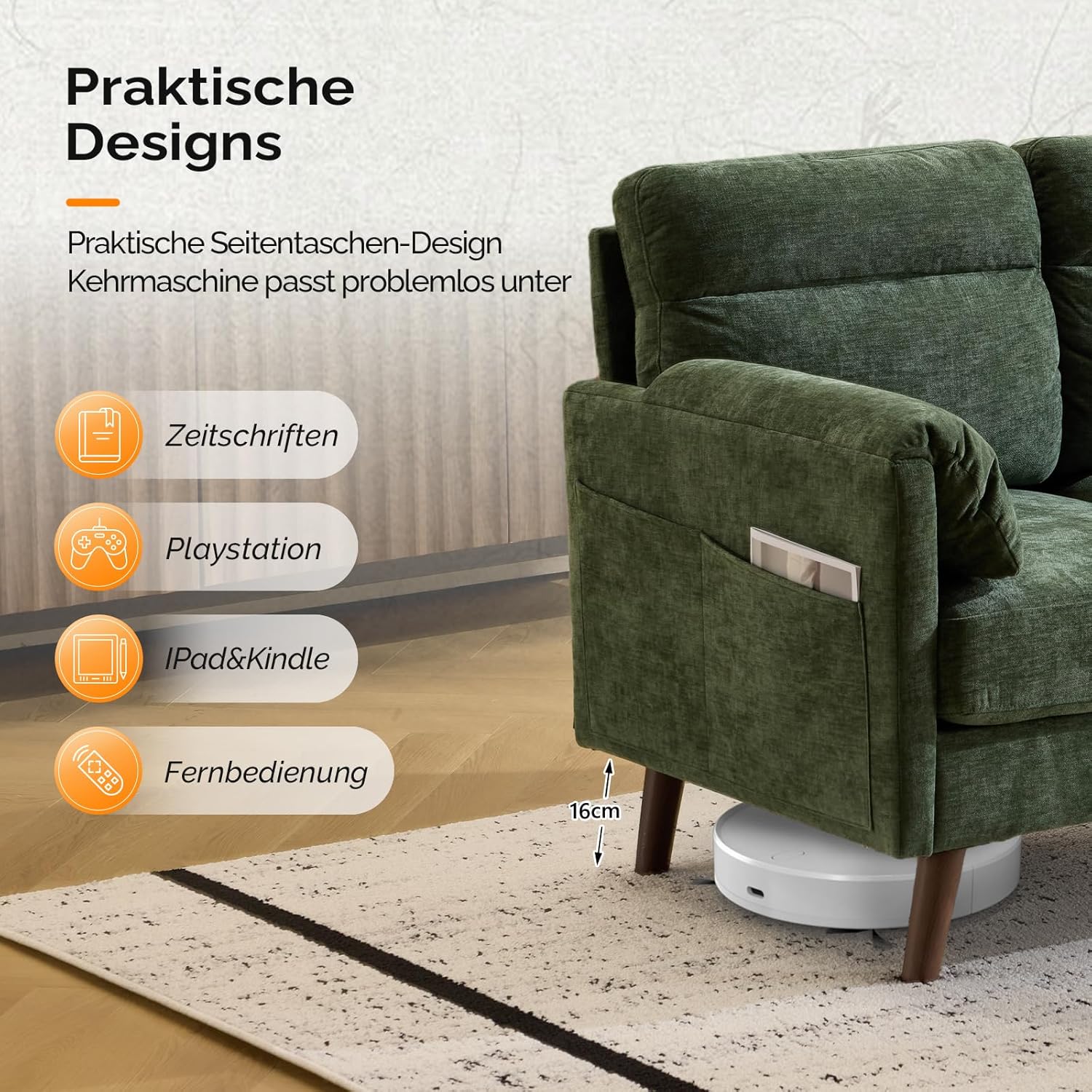 Bonnlo Sofa 2 Sitzer klein, 125cm Couch mini, Kleine Stoffcouch mit weichen Armlehnen, Kleines Sofa für Büro, Wohnzimmer, Schlafzimmer und Arbeitszimmer,Einfache Montage, Leinen (Grün)