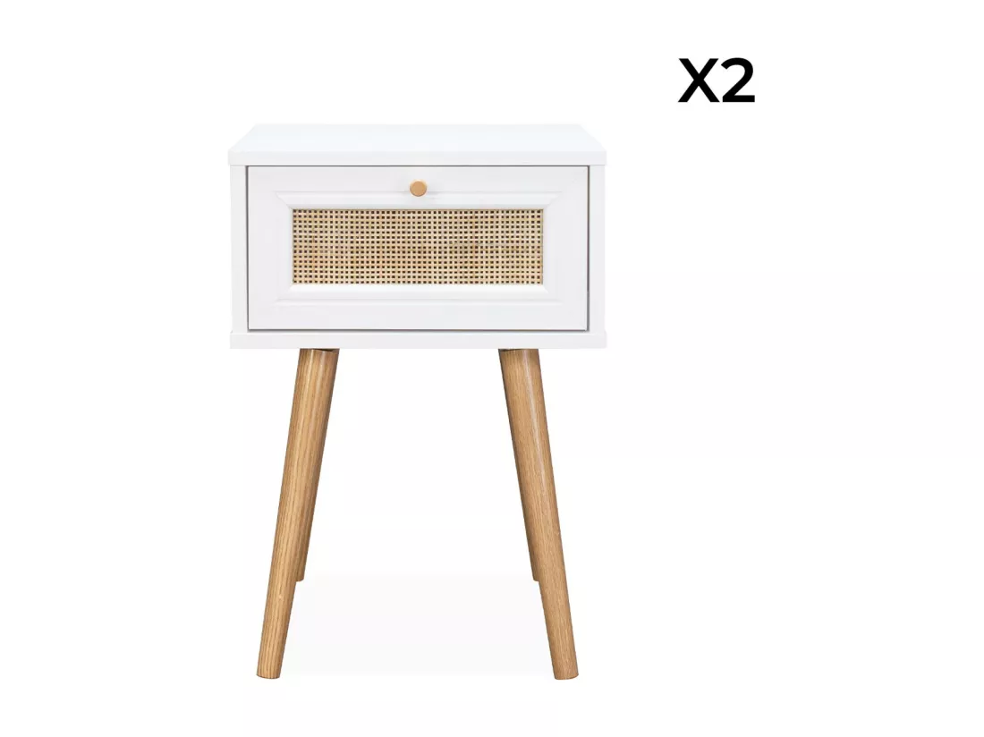 Lot de 2 tables de chevet effet bois blanc et cannage avec 1 tiroir