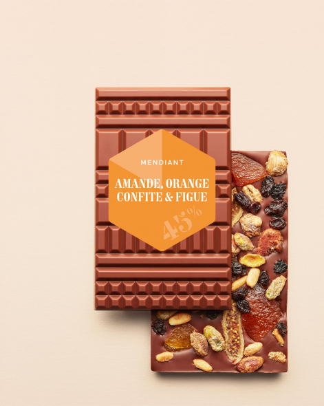 Tablette Mendiant Amandes, oranges confites & figues Chocolat au Lait 45% | Le Chocolat Alain Ducasse 100g