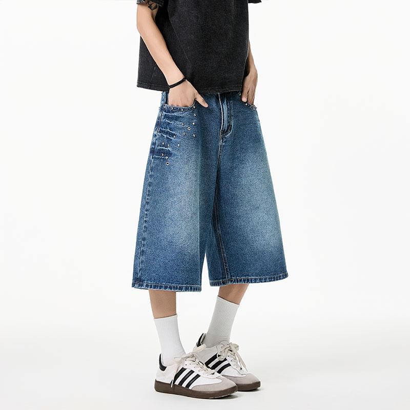 Derbundy - Hoge taille gewassen denim wijde pijpen jorts