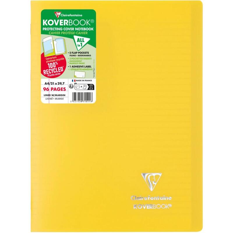 Cahier piqué Koverbook A4 96 pages ligné + marge couverture polypropylène opaque 100% recyclé - Assortis