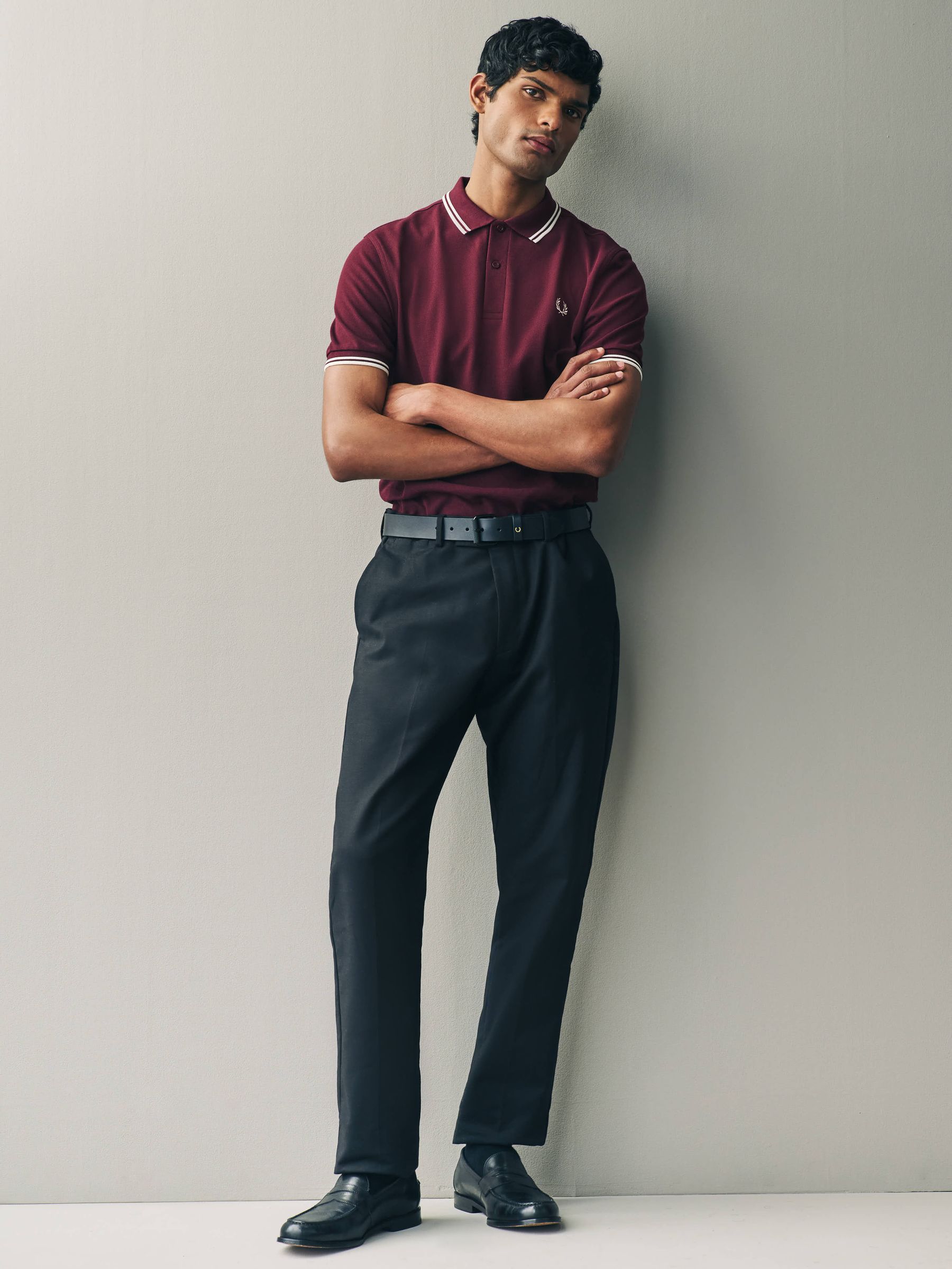 Bordeauxrood/ecru wit - Fred Perry poloshirt met gestreepte rand