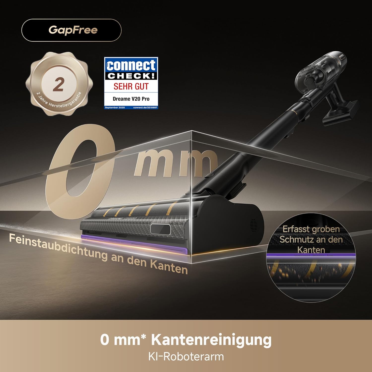 dreame V20 Pro-A Kabelloser Staubsauger, Kantenreinigung 0 mm, ohne Verheddern, für Hartböden und Teppiche, 24.000PA / 210 AW, 90 Min. maximale Laufzeit, Filterung 99,99%, entfernt Tierhaare