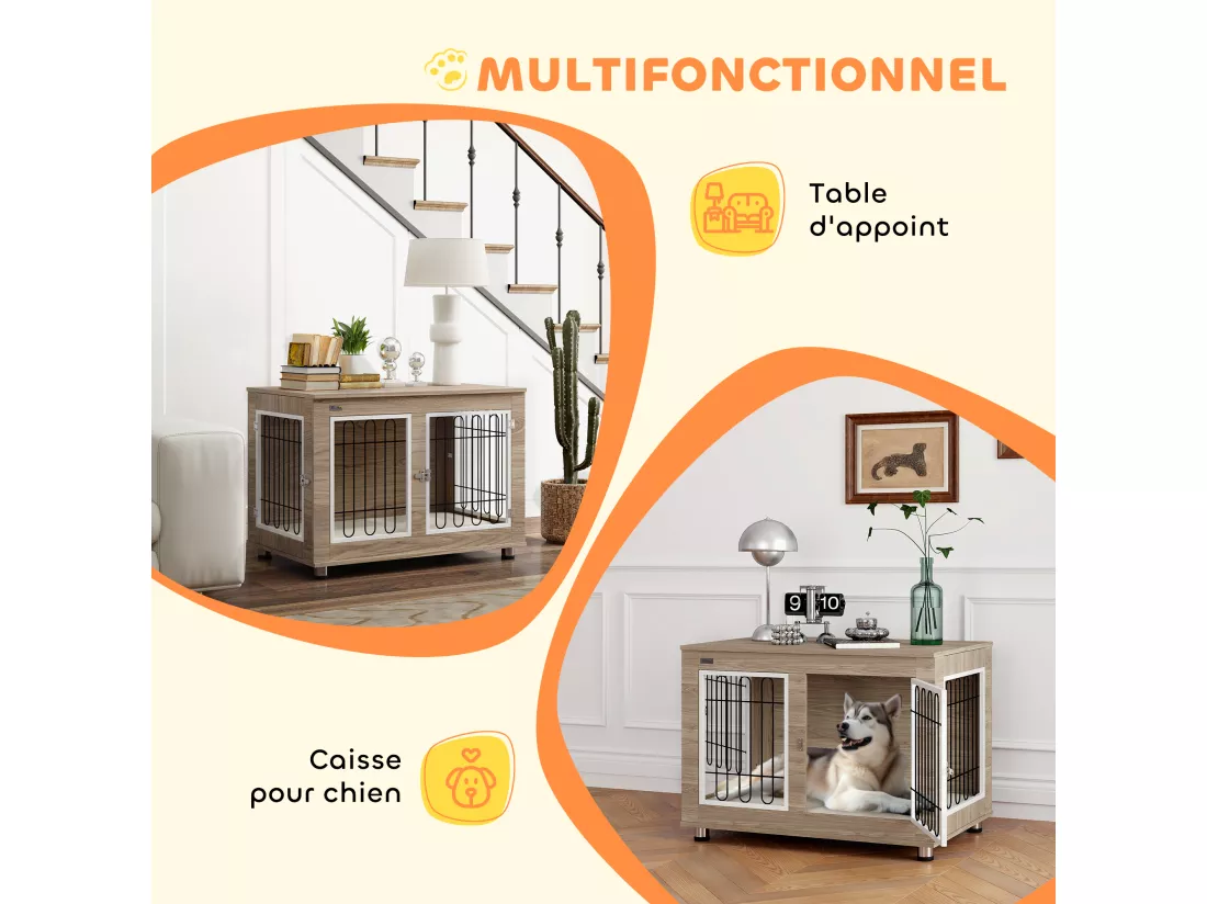 Cage pour chien sur pied - 2 portes verrouillables, coussin déhoussable inclus - acier filaire noir panneaux aspect bois brun