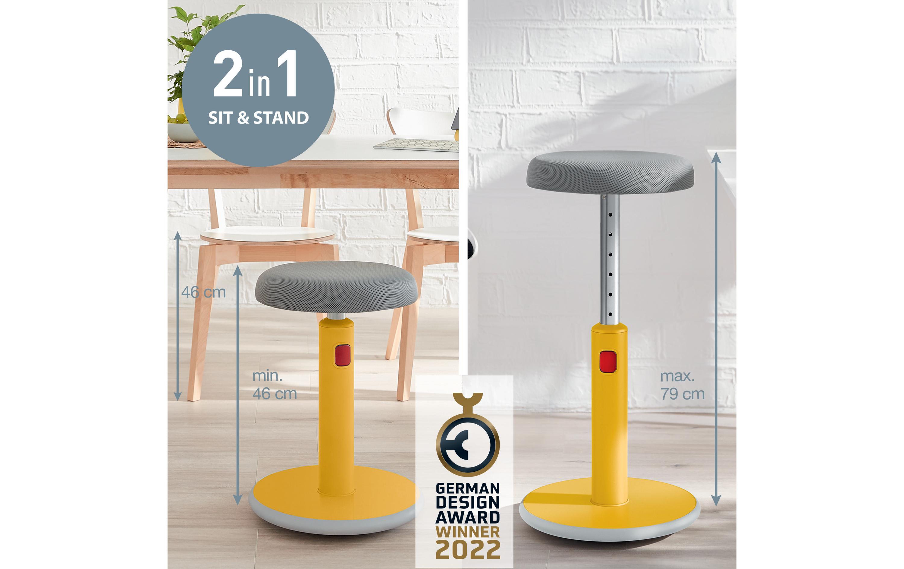 Ergo Cosy Active Sitz und Stehhocker Gelb<br>Höhenverstellbarer, ergonomischer Hocker zum Sitzen und Stehen für eine verbesserte Muskelaktivität und bessere Körperhaltung