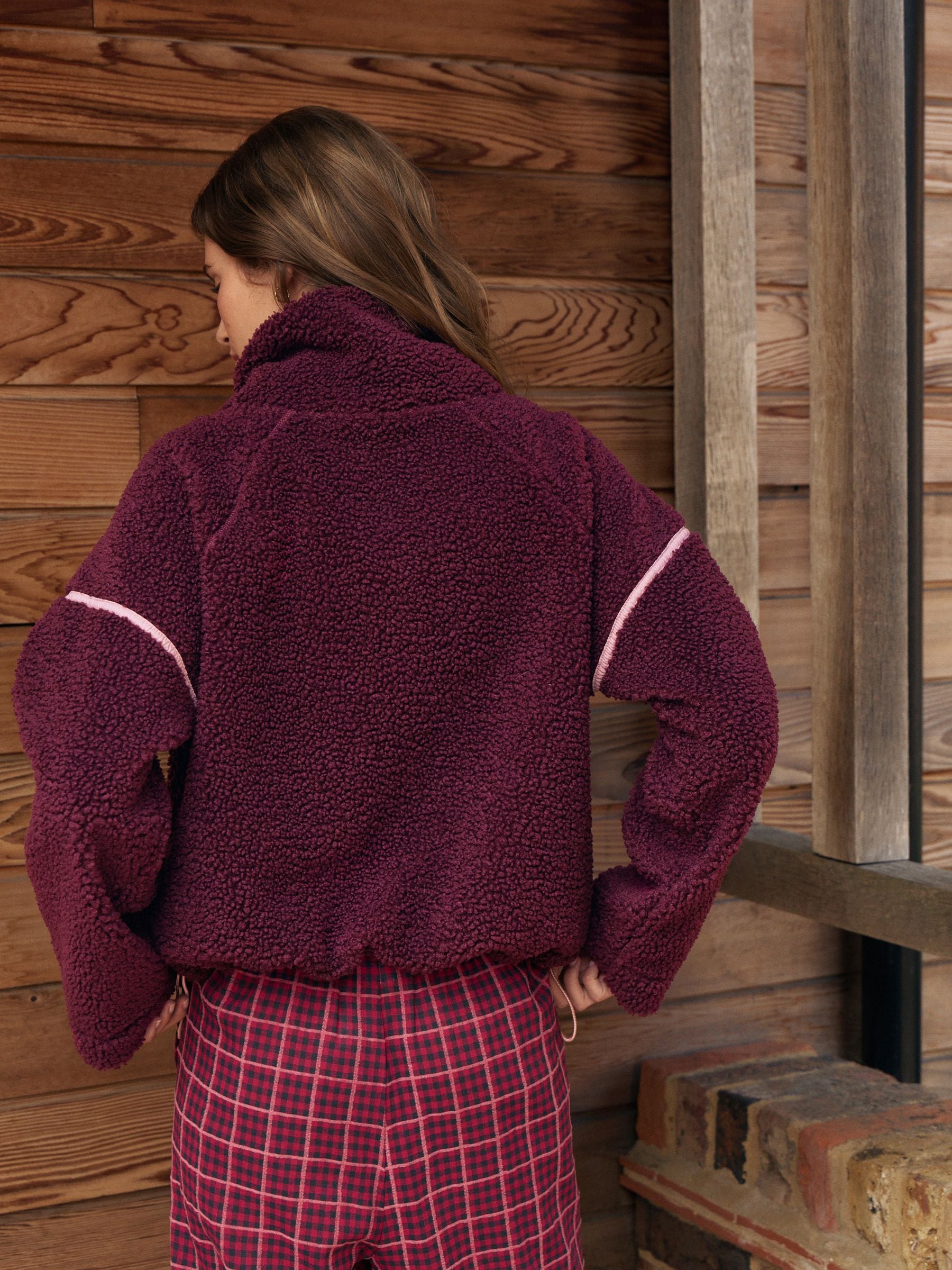 Bordeauxrood/roze - Borg fleece met korte rits