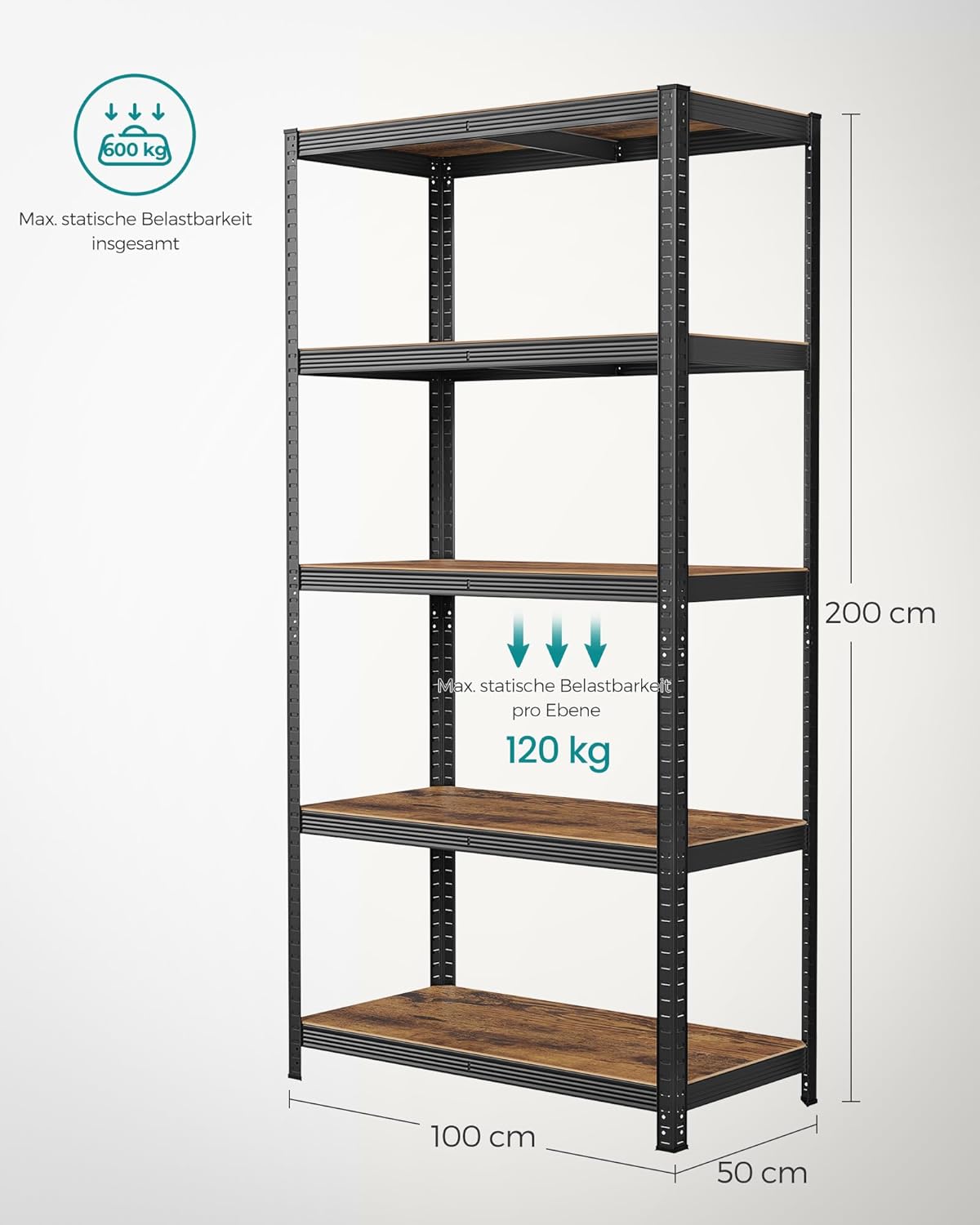 SONGMICS Standregal, 2er Set, Bücherregal, Lagerregal, 5 Ablagen, Küchenregal, Regal, 50 x 100 x 200 cm, bis 600 kg belastbar, verstellbare Ablagen, Industrie-Design, vintagebraun-schwarz GLR050B12