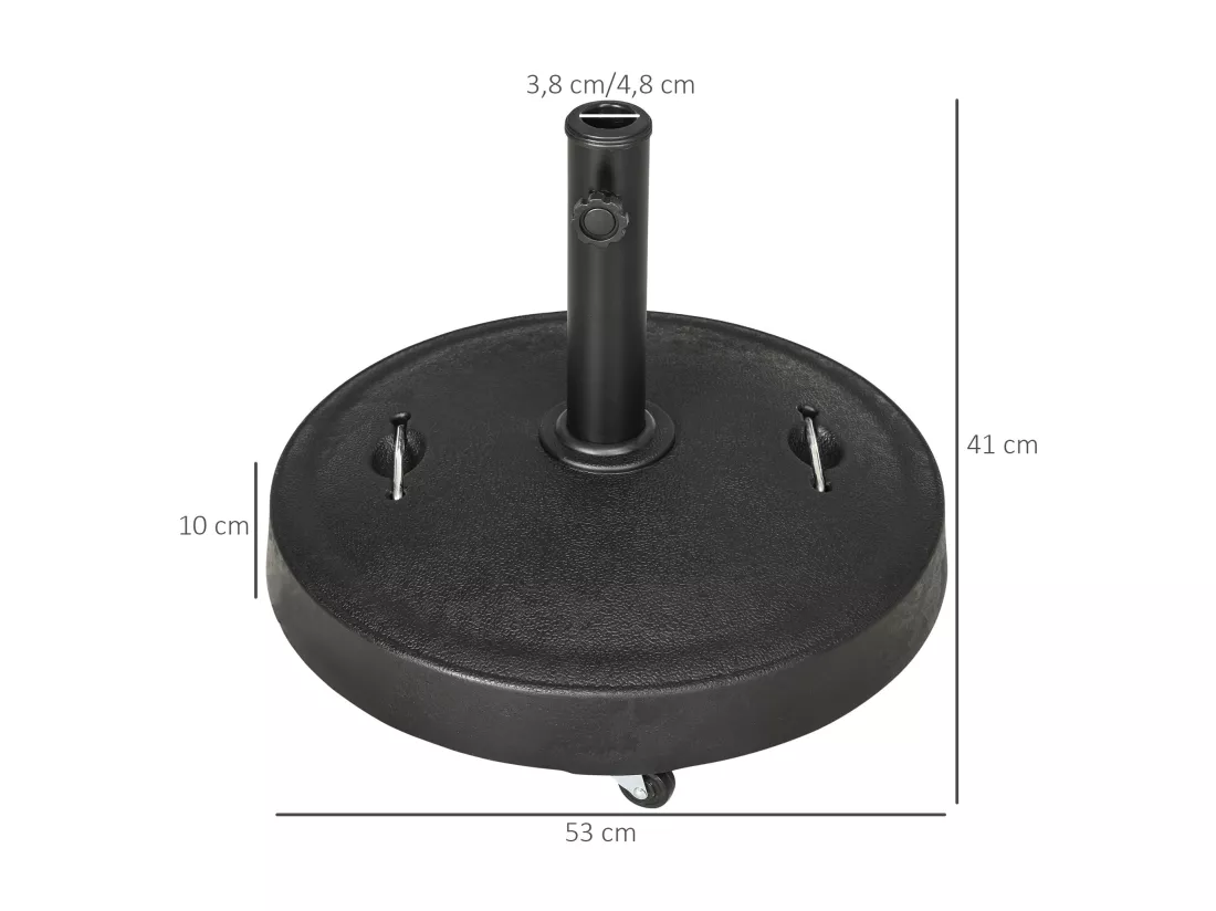 Pied de parasol rond - base de lestage parasol sur roulettes - poids net 24 Kg - résine surface granuleuse noir