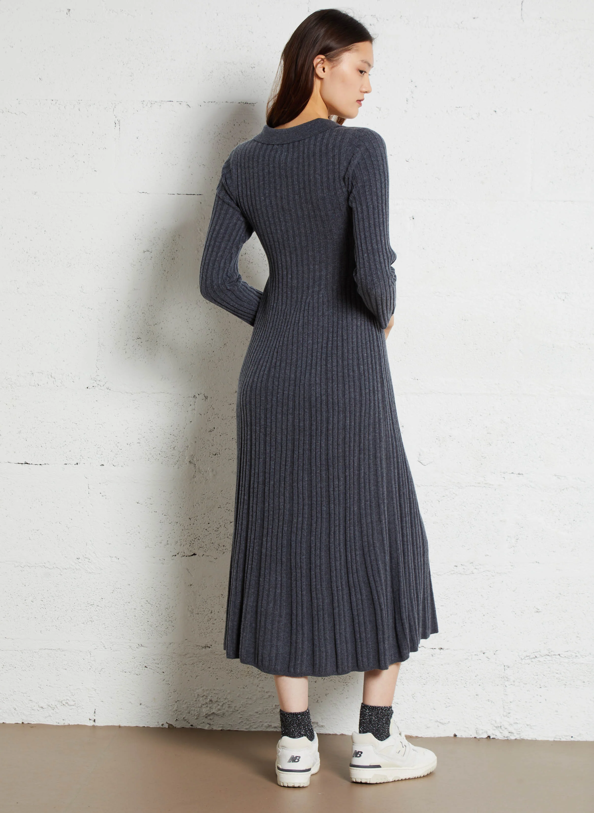 Robe longue col polo | Gris