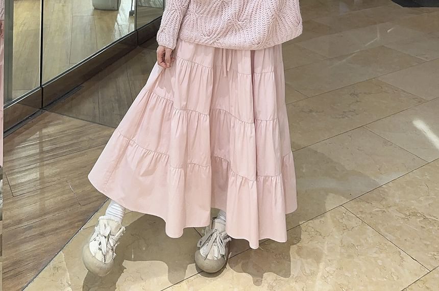 Trendycas - V-hals trui met strik / elastische taille gelaagde maxi A-lijn rok / haltertop met strik en kant