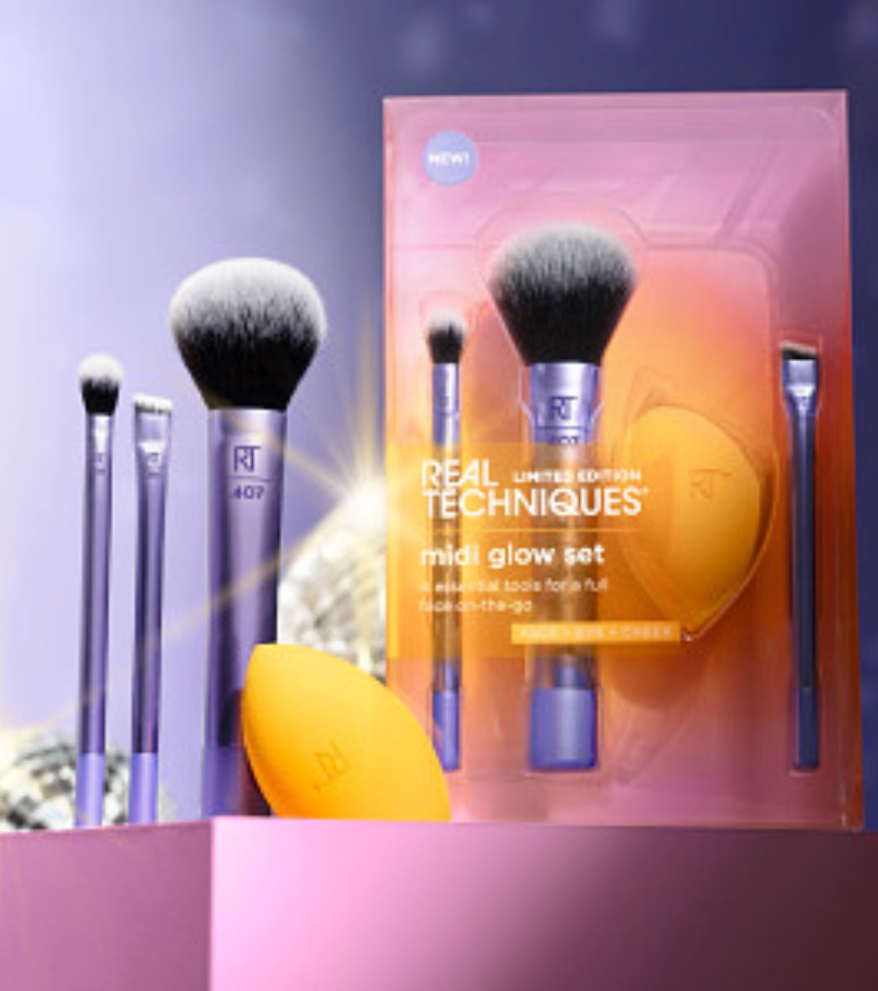 Real Techniques - *Night brights* - Conjunto de pincel + esponja Midi Glow