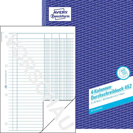 Avery Zweckform 452 Kolonnen-Durchschreibbuch, 4 Kolonnen, A4, mit Blaupapier, 2x50 Blatt