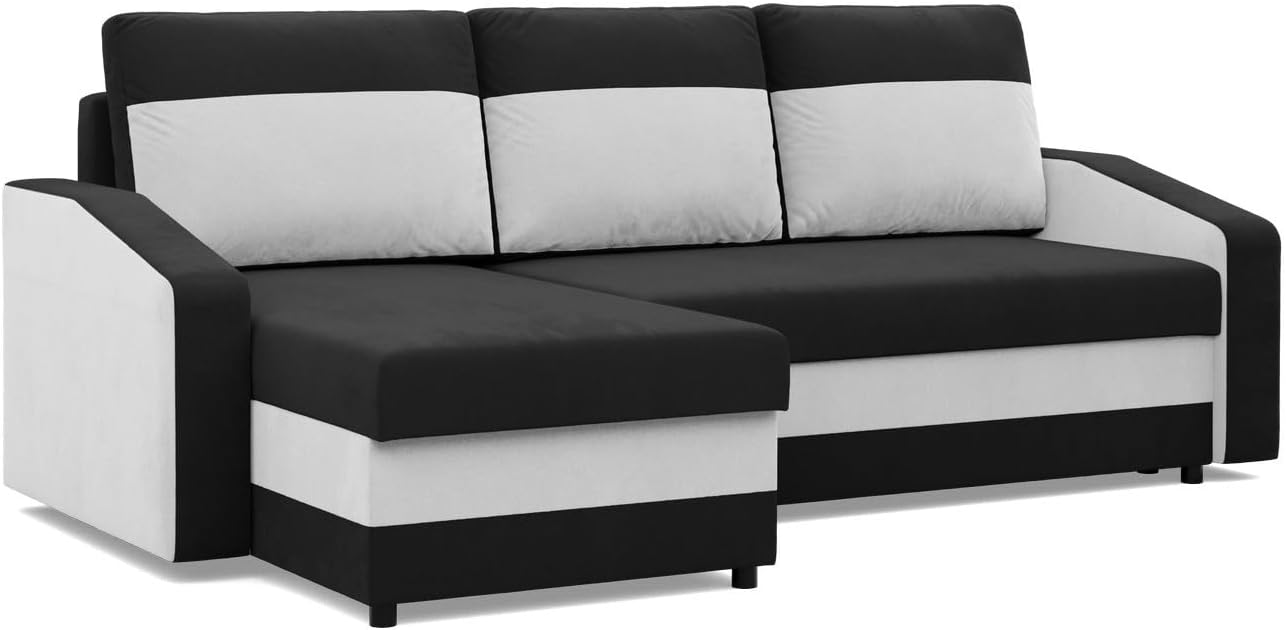 Mebligo - Ecksofa mit Schlaffunktion, Universelle Seite, Schwarz + Weiß (Mikro 15 + Mikro 31)