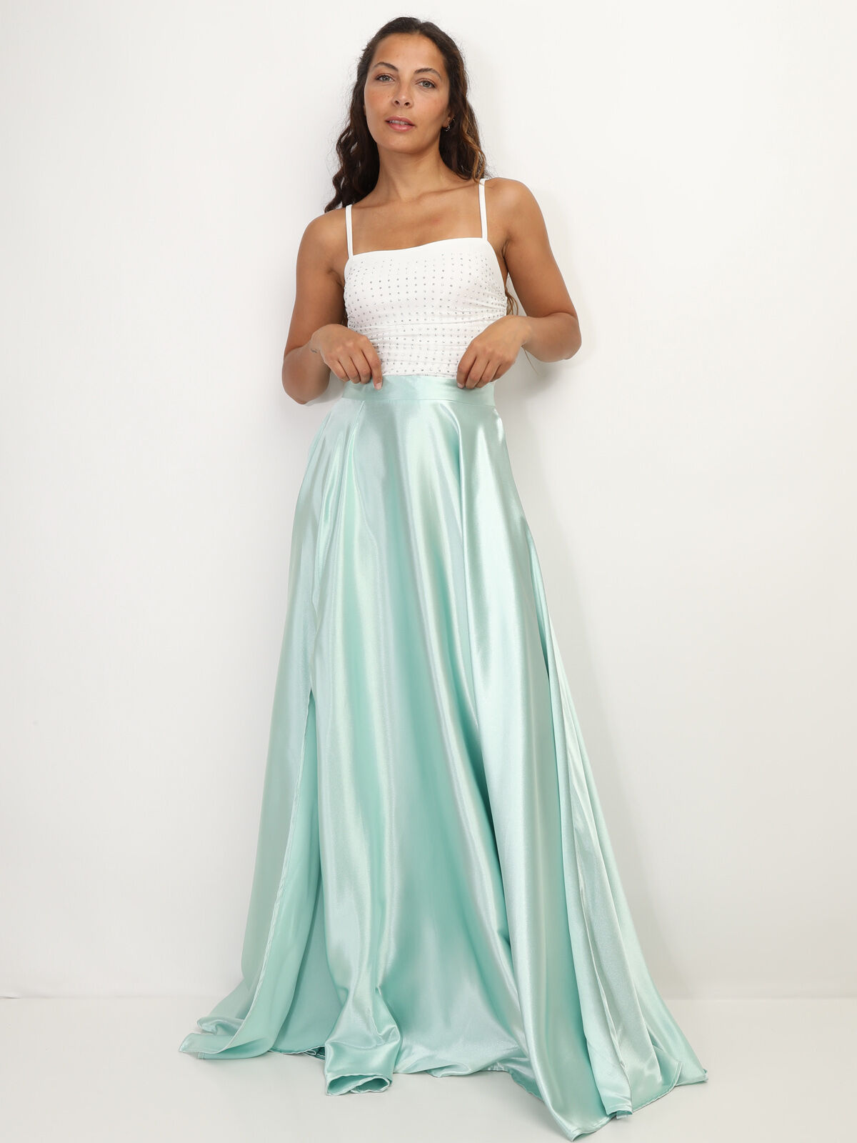 Jupe longue taille haute effet satiné- Vert clair