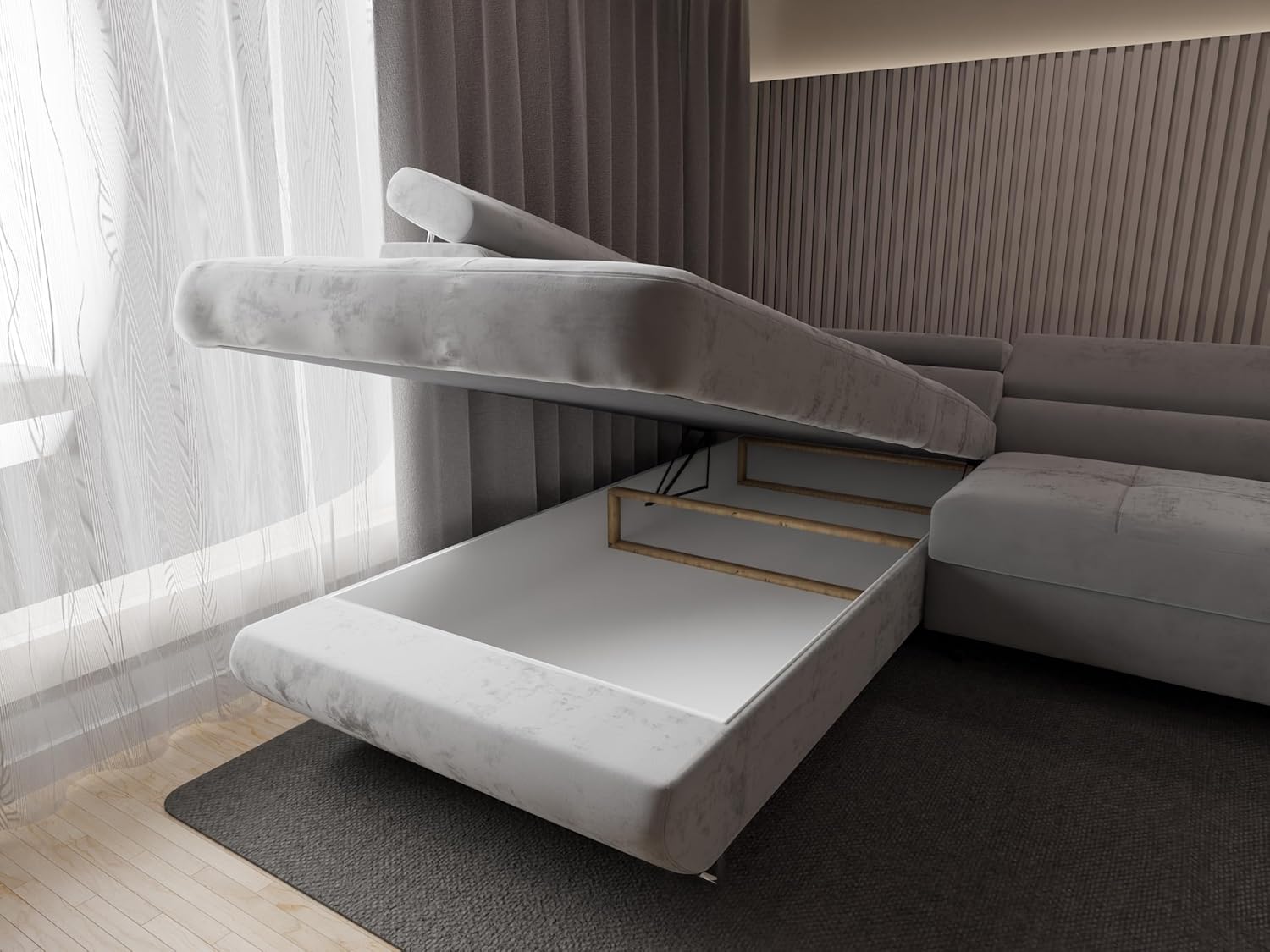 Ecksofa Luna mit Schlaffunktion und Bettkasten – 275x202 cm – verstellbare Kopfstützen – Liegefläche 193x125 cm – Couch – Schlafsofa – L-Sofa mit Stauraum (Monolith 84 Hellgrau, Seite: Links)