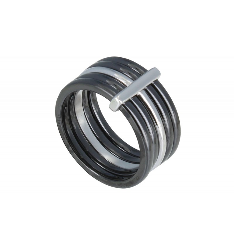 Bague Anneaux Argent Rhodié et Céramique Noire