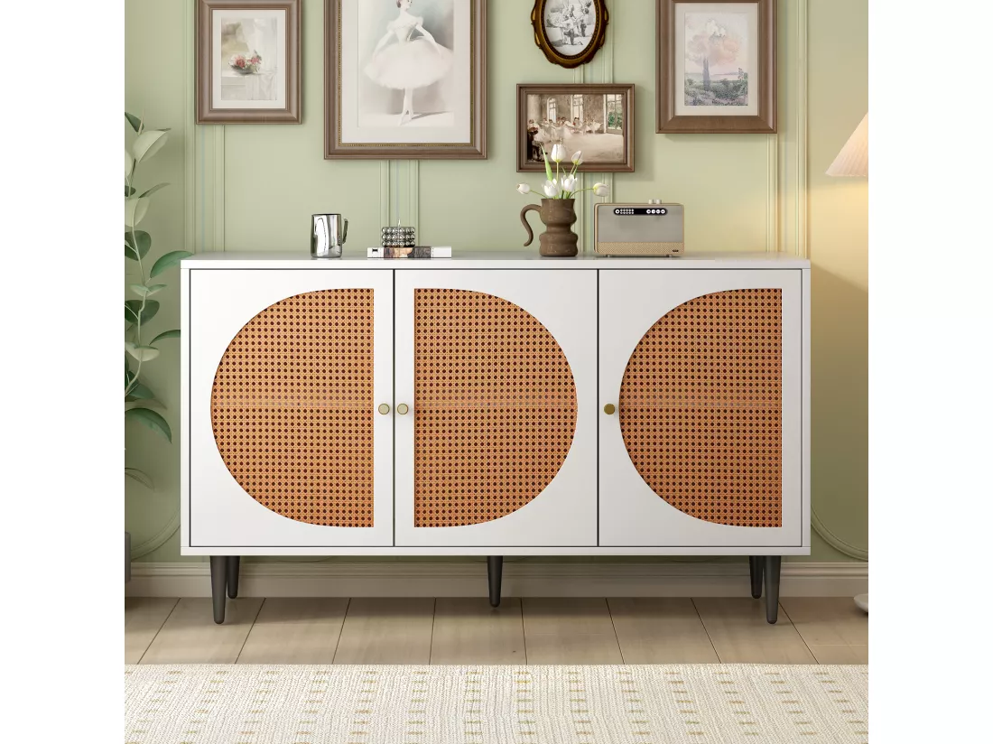 Buffet effet bois noyer avec 3 portes en rotin poignées pieds dorés 129,8x40x76cm OMOILL