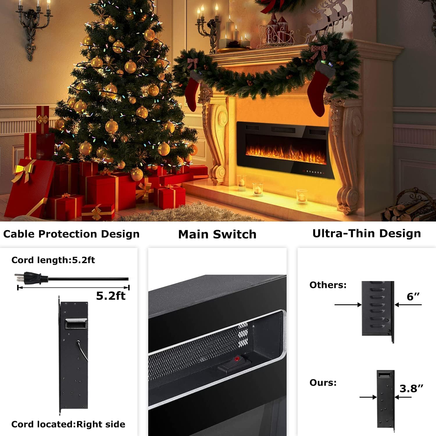 Waleaf Elektrokamin, 91,4 cm Elektrischer Kamin mit Heizung, 3D-Flammeneffekt, 12 Flammenfarben, Wandkamin und Einbaukamin mit Fernbedienung für Wohnzimmer & Innenräume, 1500W, Schwarz