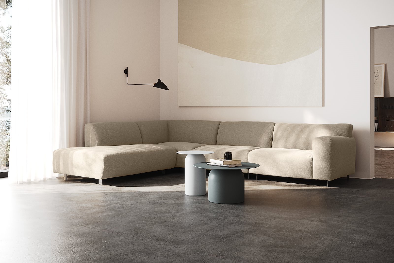 Vesta hjørnesofa 3-seter med åpen ende venstre, Big hjørnemodul, Tekstil Gianni Sand, standardsøm, sort metallben 10 cm, Comfort CM