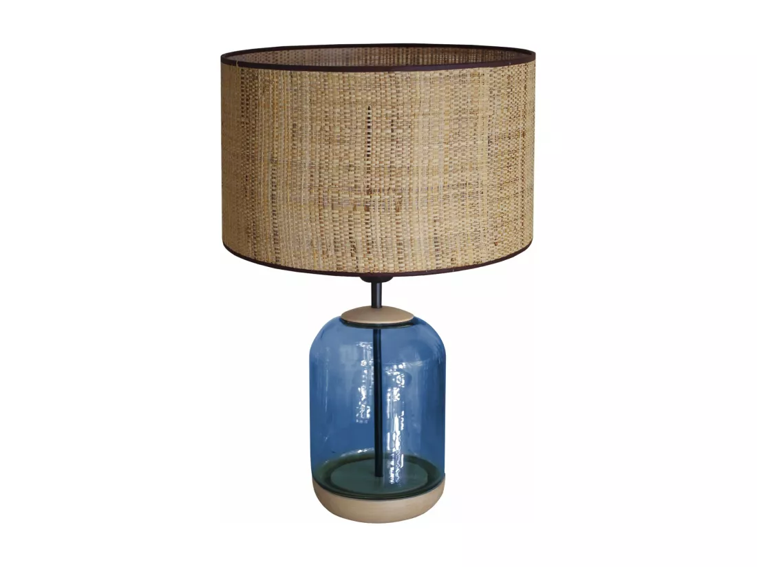 Lampe de chevet cylindre bois,verre,bleu,paille 53 cm.