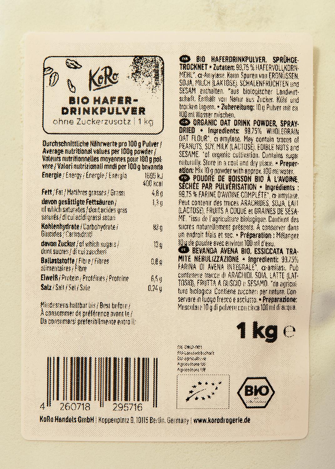 Bio Haferpulver für Haferdrink 1 kg