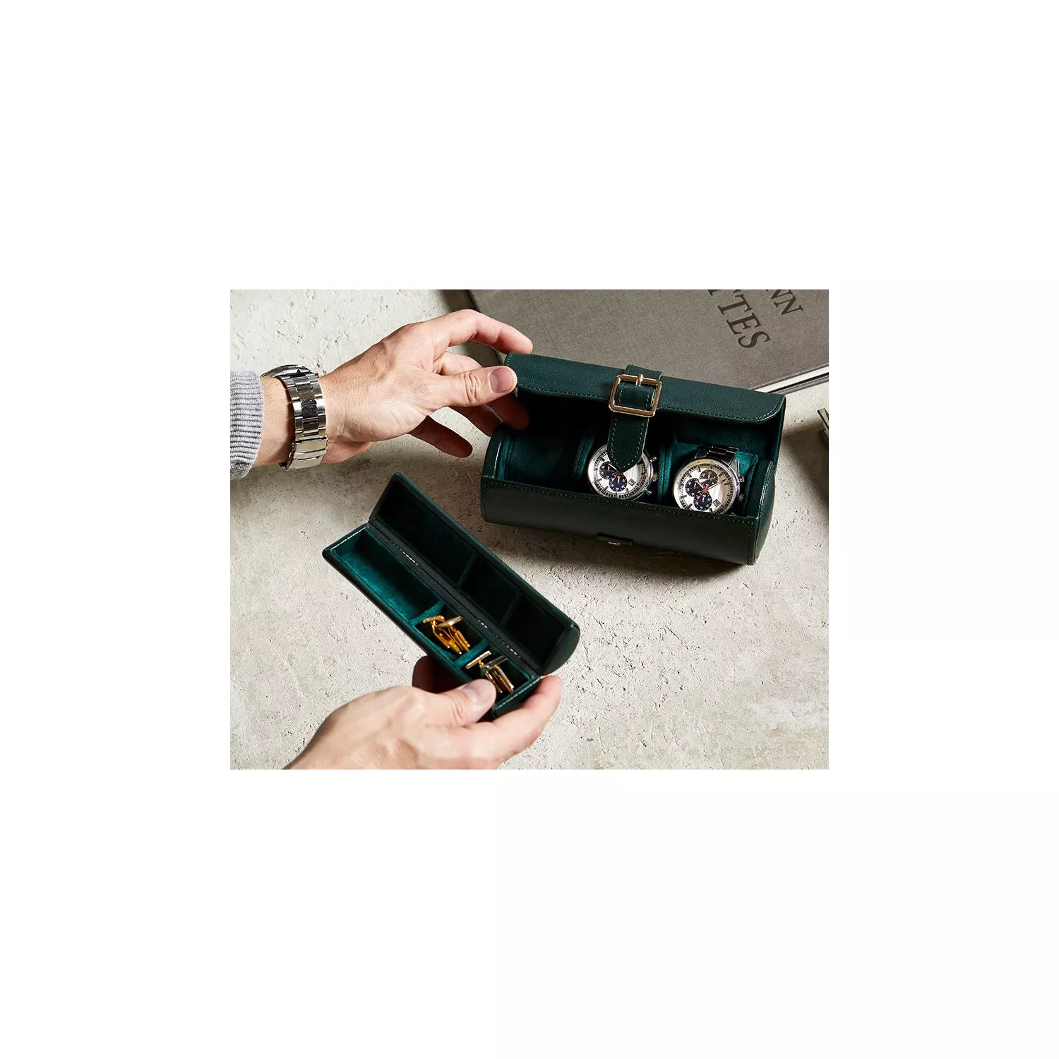 Wolf British Racing Green Watch Roll 3 ure Grøn Imiteret Læder 792941