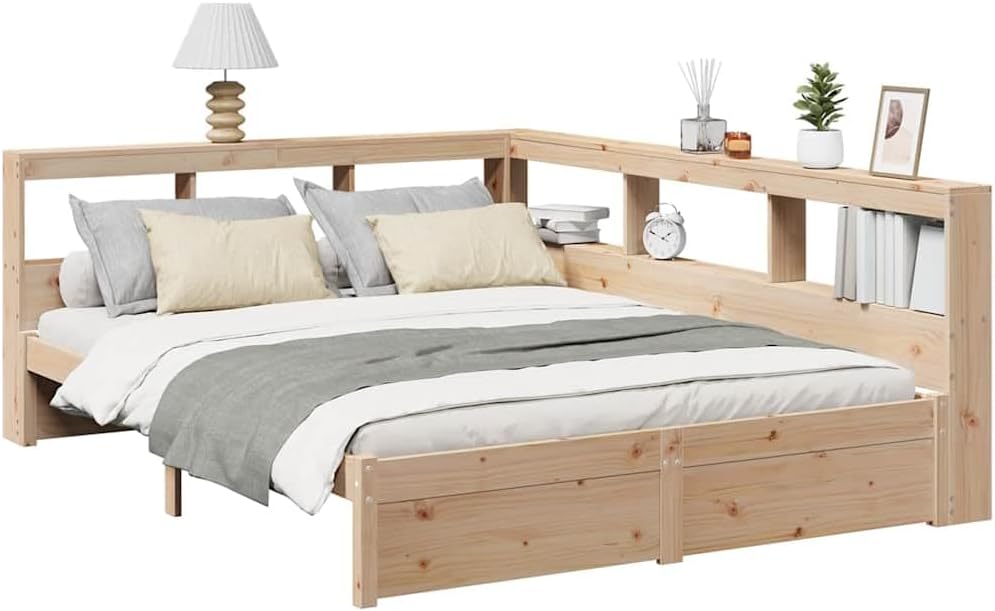vidaXL Massivholzbett mit Regal ohne Matratze 140x200 cm Kiefernholz, Holzbett mit Regal, Massivholzbett mit Regal, Bett, Holzbett mit Bücherregal