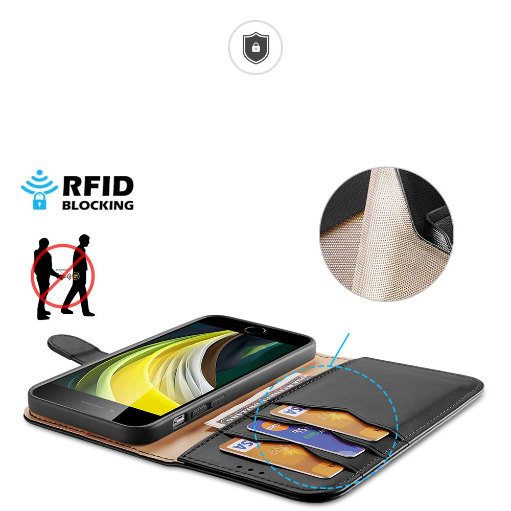 iPhone SE (2022/2020) / 8 / 7 Flip Wallet Cover Echtleder Tasche (RFID Schutz) - Schwarz