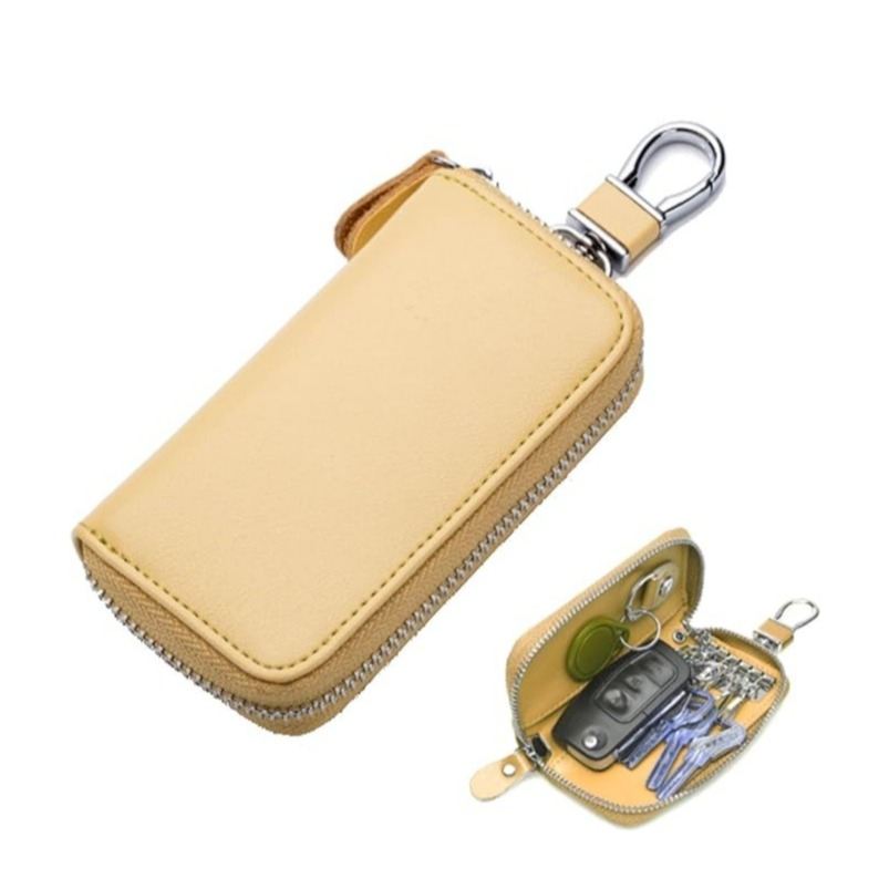 (11x6cm) Echtleder Keyless Go Autoschlüssel Aufbewahrung Schlüssel Organizer Etui mit Karabiner - Gelb