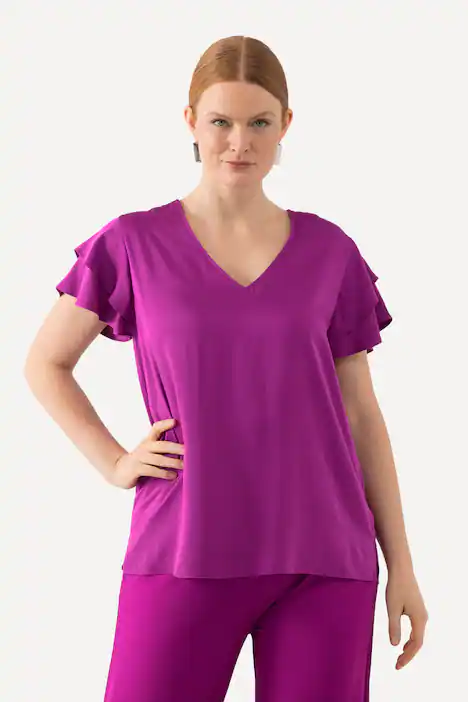 Blusenshirt, V-Ausschnitt, doppelte Cup-Ärmel, beere
