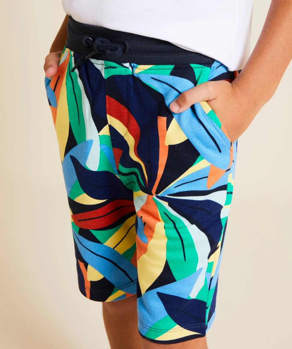 bermuda garçon en coton biologique bleu marine imprimé tropical coloré