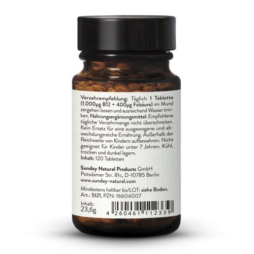 Sunday Natural Products  Vitamin B12 Mh3a ®+ Folsäure (folat)1000µg + 400µg