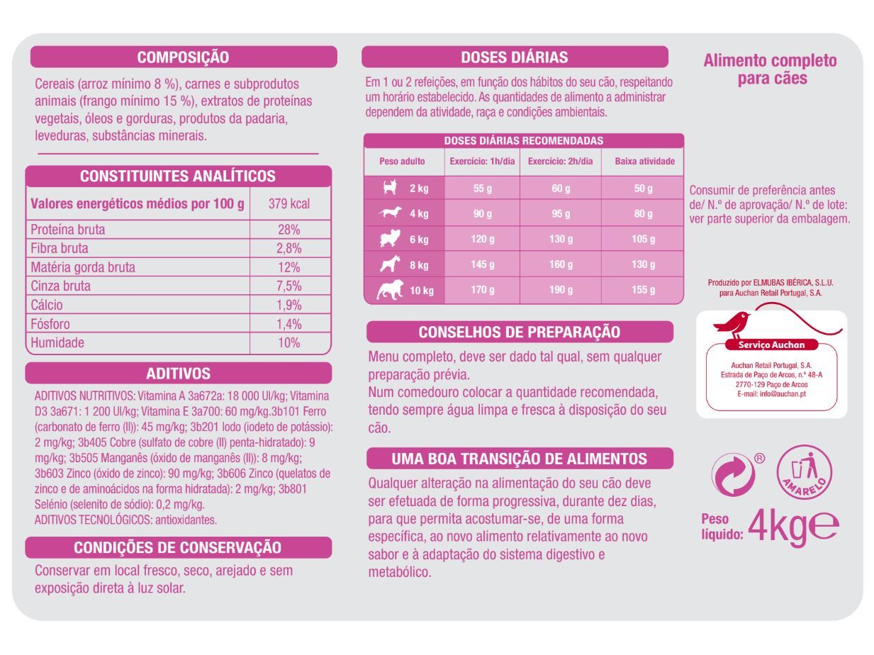 RAÇÃO PARA CÃO AUCHAN RAÇAS PEQUENAS COM FRANGO E ARROZ 4KG