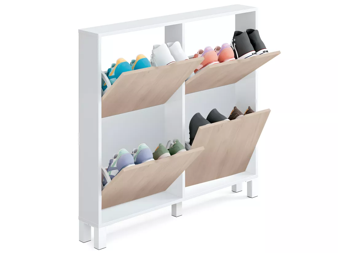 Commode Meuble à chaussures 4 portes Blanc brillant / effet bois - Hauteur 98 x Longueur 97 x Profondeur 17 cm