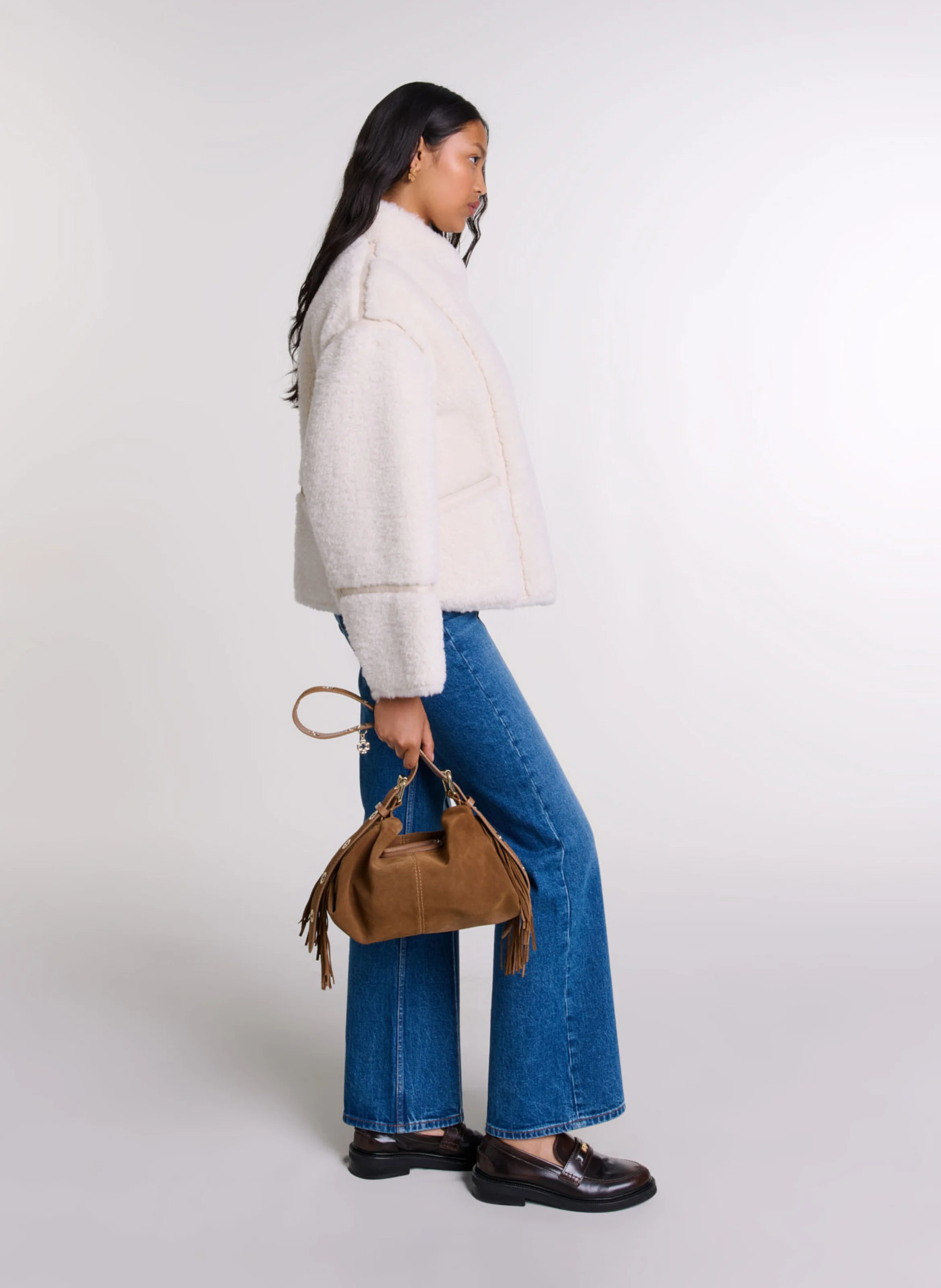 Manteau col montant effet fourrure | Beige