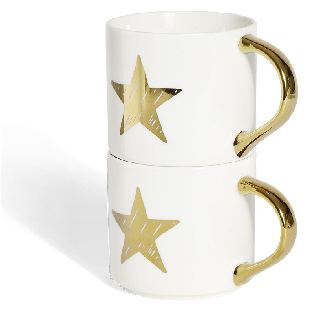 Coffret mug duo empilable étoile céramique blanc et doré 30cl
