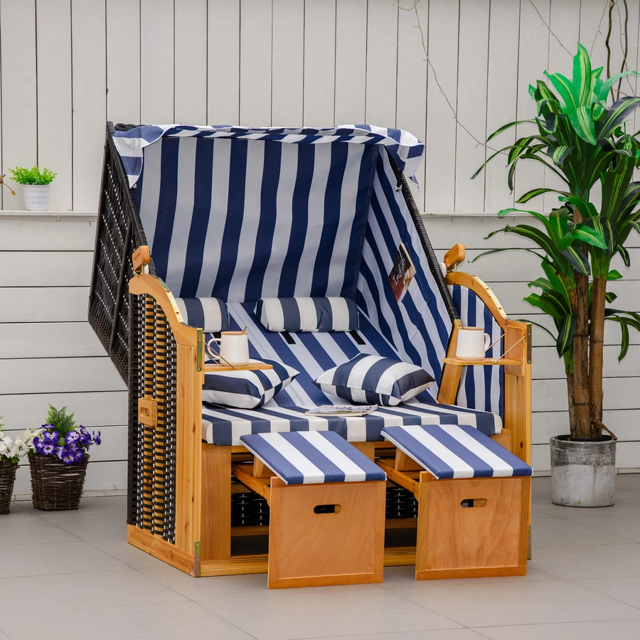 Outsunny Strandkorb mit Dach und Fußstütze blau, weiß