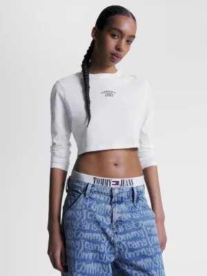 Top cropped de manga comprida com logo essencial