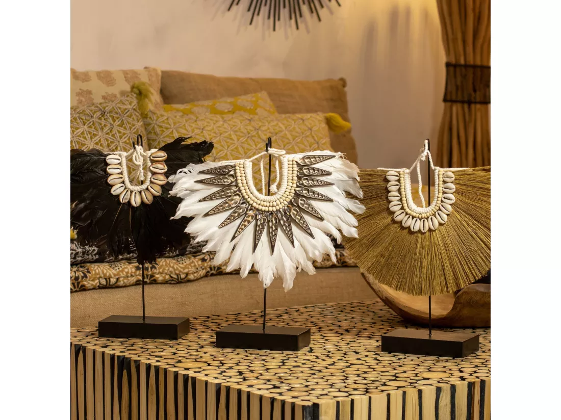 Now's Home - Collier En Plumes Blanches Et Coquillages 33x7.5x32 Papua