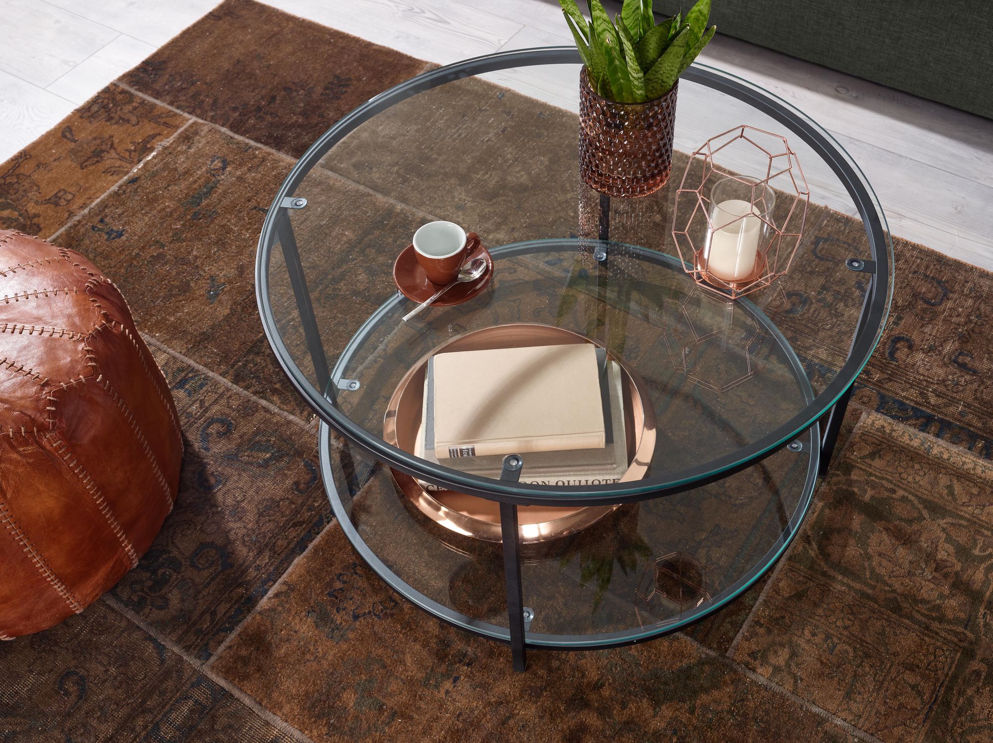 KADIMA DESIGN Couchtisch TREBBIA: Glas-Metall Mix, 2 Ablagen, 80x80x45 cm, Marmoroptik, stabil.