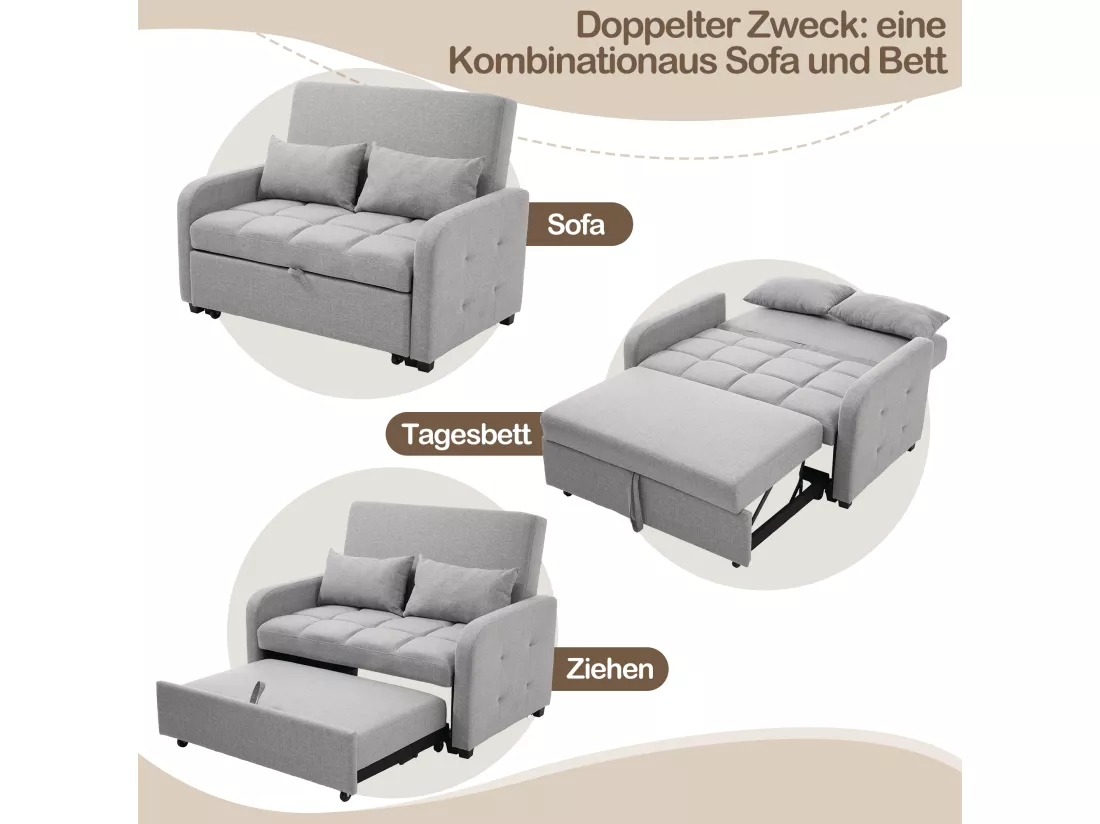 Canapé convertible 2 places, Canapé-lit pliant en tissu lin - 127 x 75 x 94 cm - avec fonction sommeil - Gris