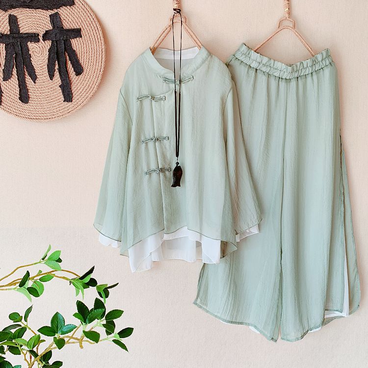 CosmoCorner - Traditioneel Chinees topje met lange mouwen / Broek met wijde pijpen