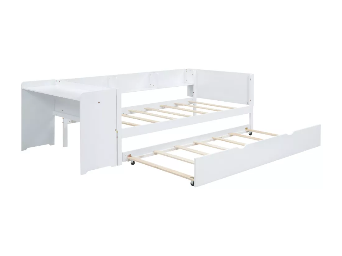 Lit gigogne 90x200cm+90x180cm, avec petit bureau, trois étagères sur le côté du lit, blanc