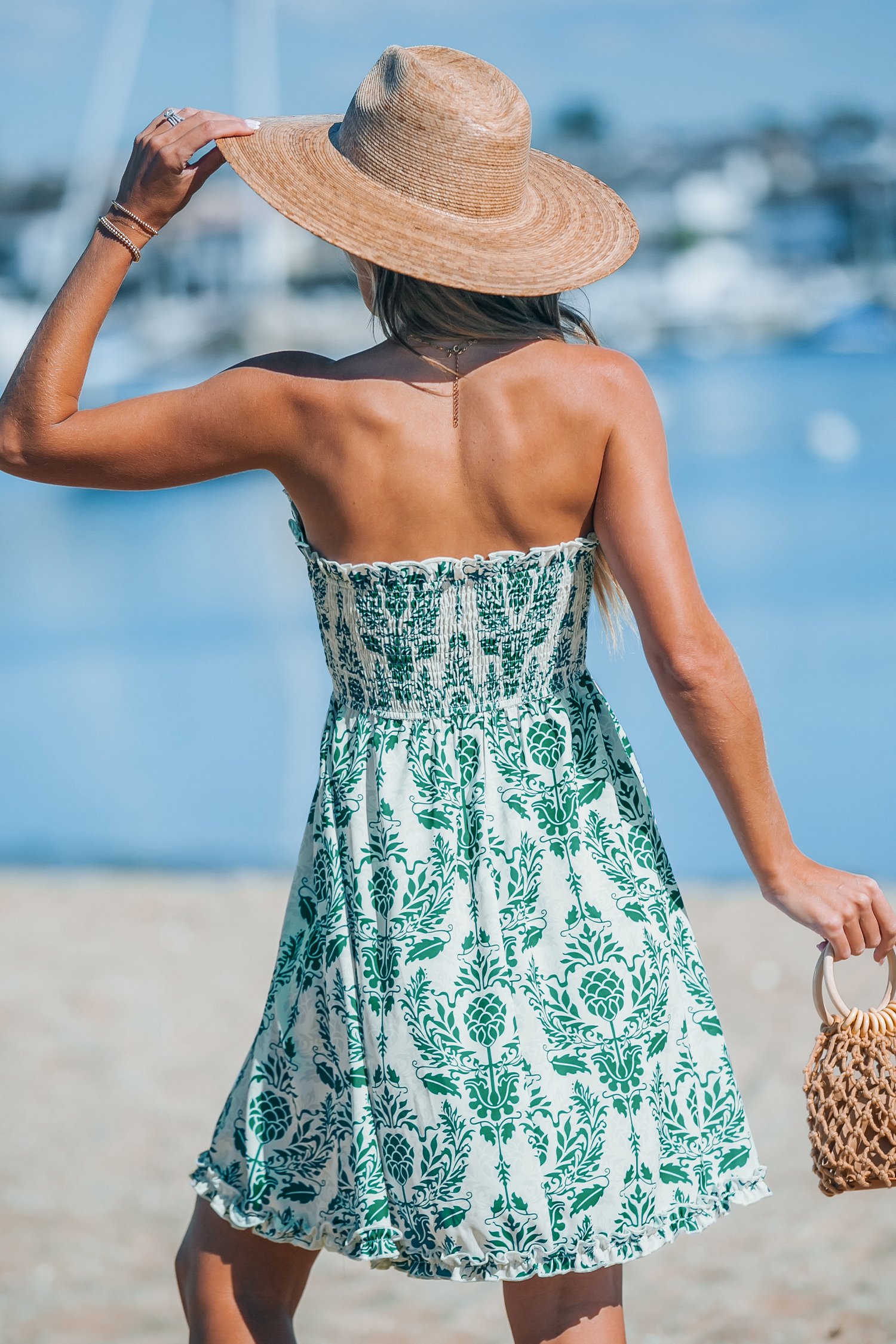 Robe mini tube avec corsage à smocks verte boho