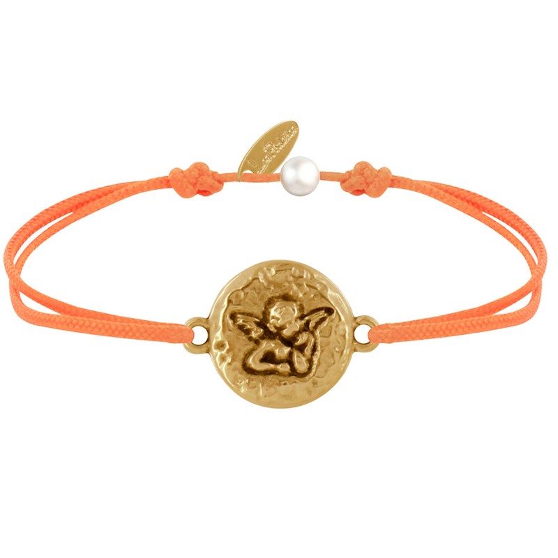 Bracelet Lien Médaille Ronde Martelée Laiton Doré Ange Raphaël - Orange