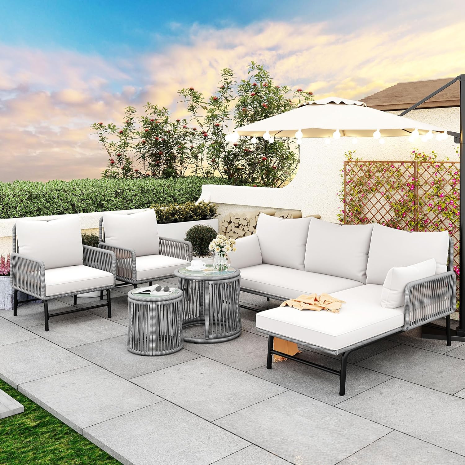 Gartenmöbel Lounge Set 6-TLG für 6 Personen, Lounge Möbel Outdoor mit 2 Sofa, 2 Tisch und 2 Stühle mit Sitzkissen, Eisen Gestell und Gewebtem Seil Gartengarnitur Sitzgruppe Outdoor, Grau