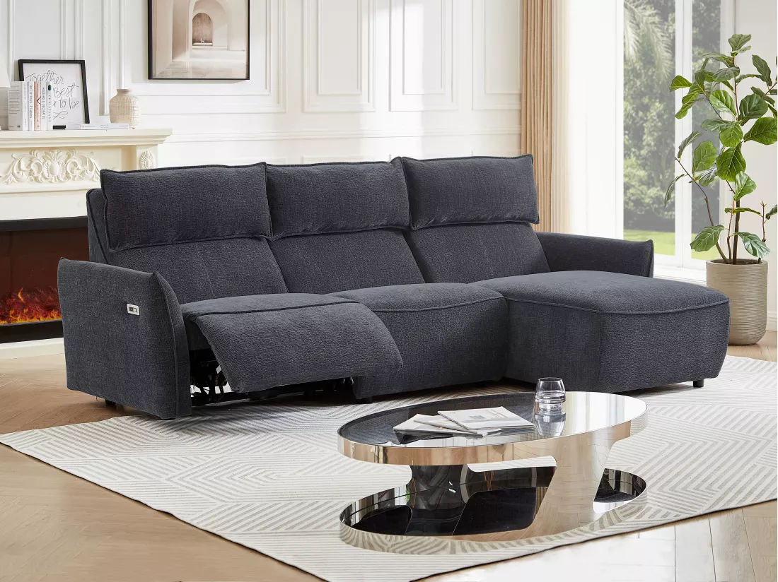 Canapé d'angle droit relax électrique en tissu texturé anthracite LOANO