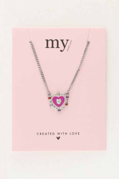 Ketting met paarse hartjes bedel met gekleurde steentjes