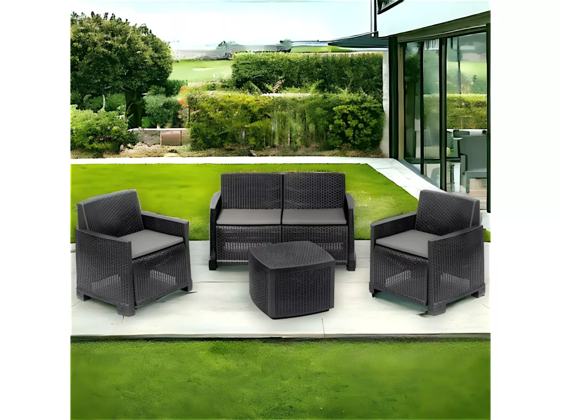 Ensemble de salon d'extérieur Dbalestrer, Composition de jardin avec 2 fauteuils, 1 canapé et 1 table de rangement, Effet rotin avec coussins, 100% Made in Italy, Anthracite